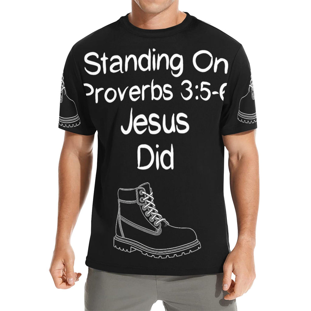 GC Men Standing On The Word Short Sleeve T-Shirt Proverbs 3:5-6 black tee white print front view