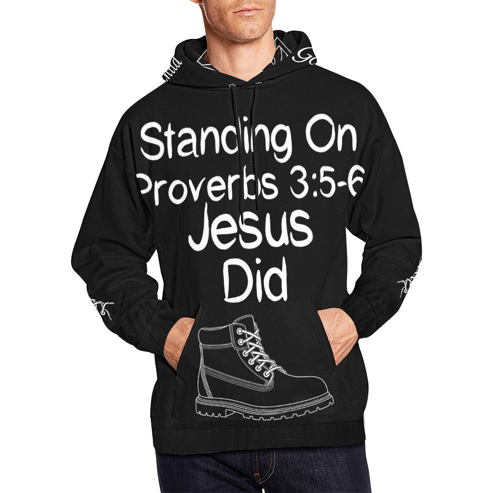 GC Men Standing On The Word Hoodie Proverbs 3:5-6 front view black hoodie white print