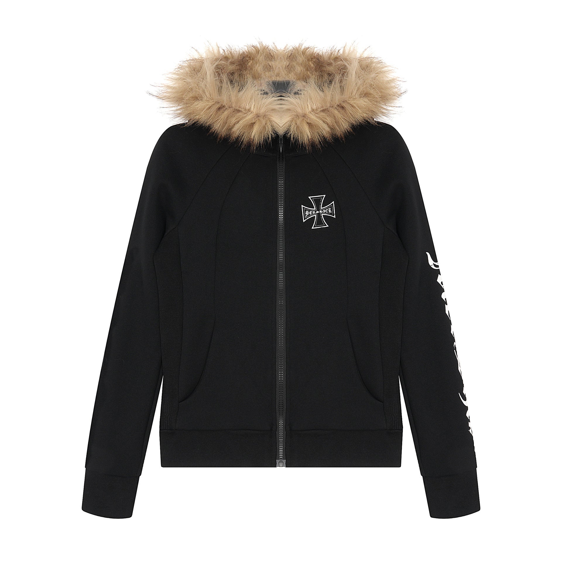 Detachable fur collar zipper hoodie short