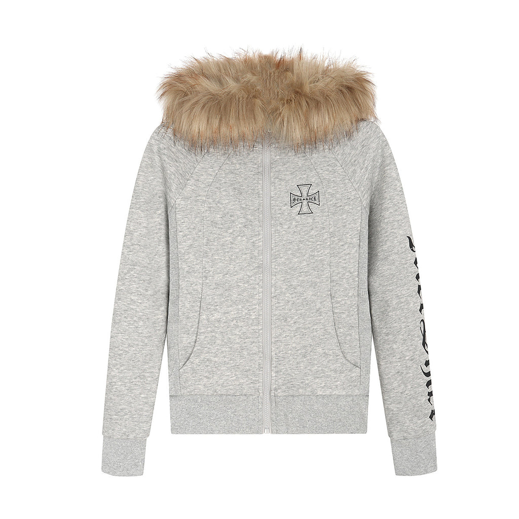 Detachable fur collar zipper hoodie short