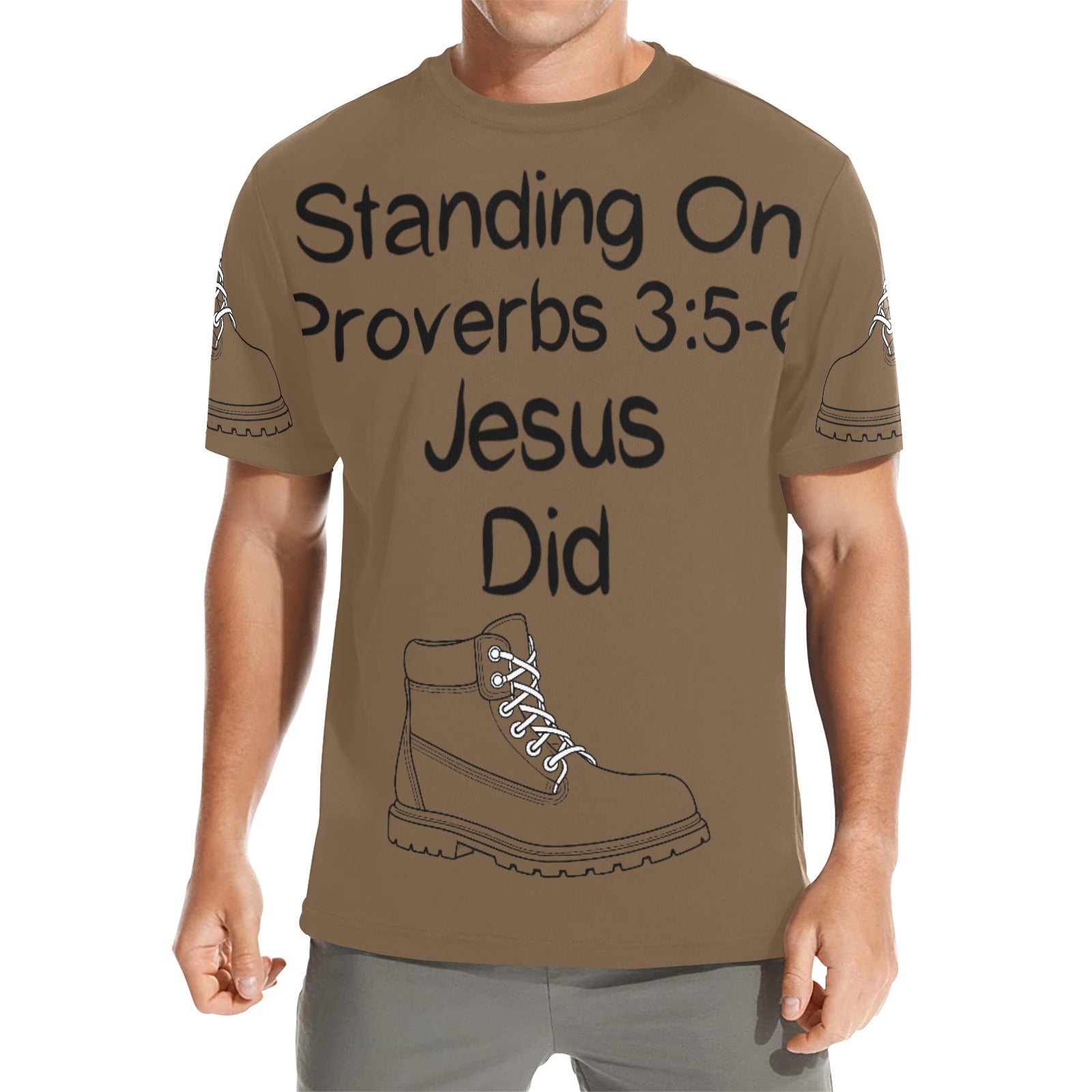 GC Men Standing On The Word Short Sleeve T-Shirt Proverbs 3:5-6 tan brown tee black print