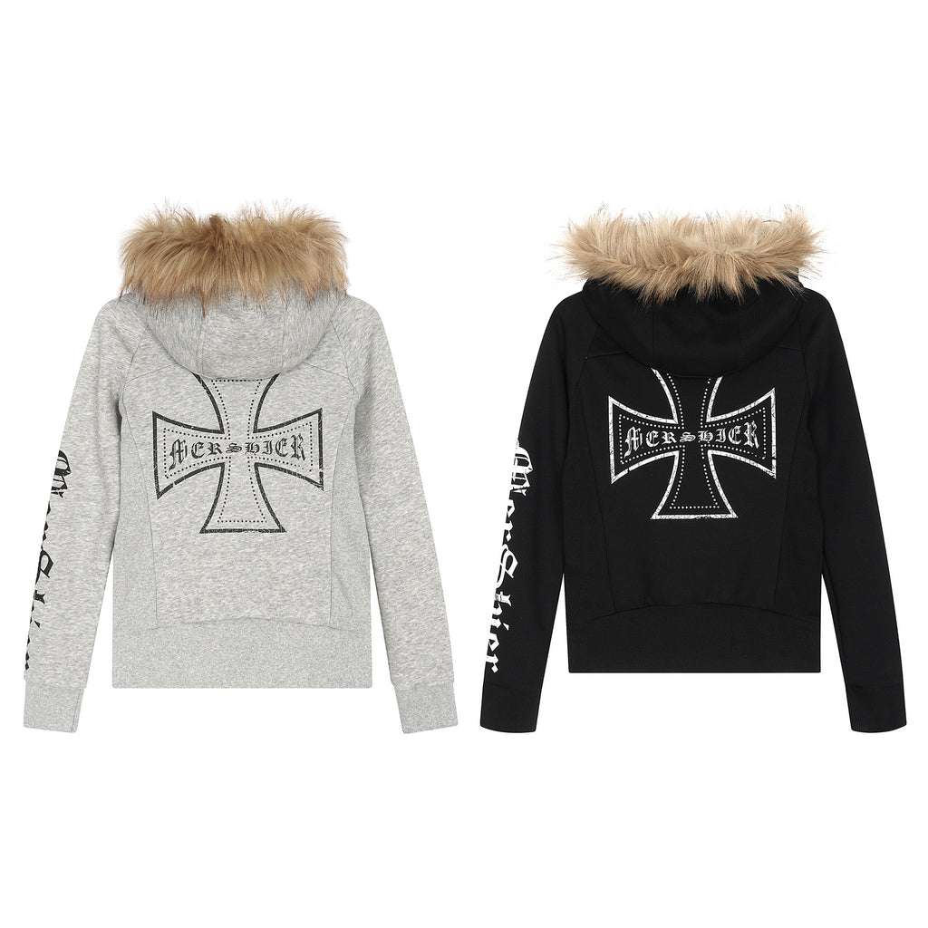 Detachable fur collar zipper hoodie short