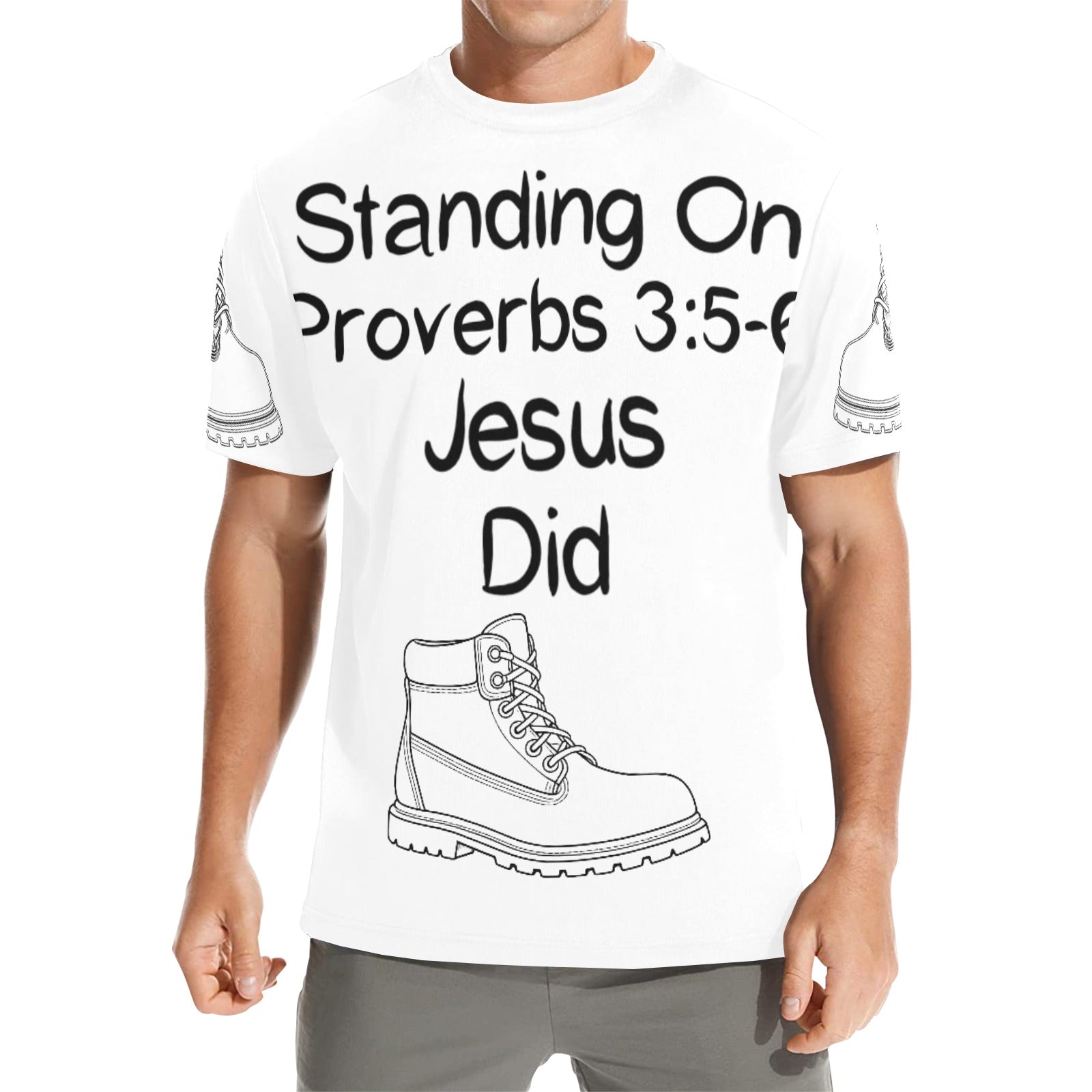 GC Men Standing On The Word Short Sleeve T-Shirt Proverbs 3:5-6 front view design visible