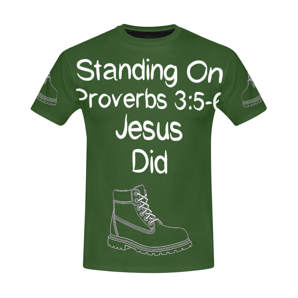 GC Men Standing On The Word Short Sleeve T-Shirt Proverbs 3:5-6 olive green tee white print