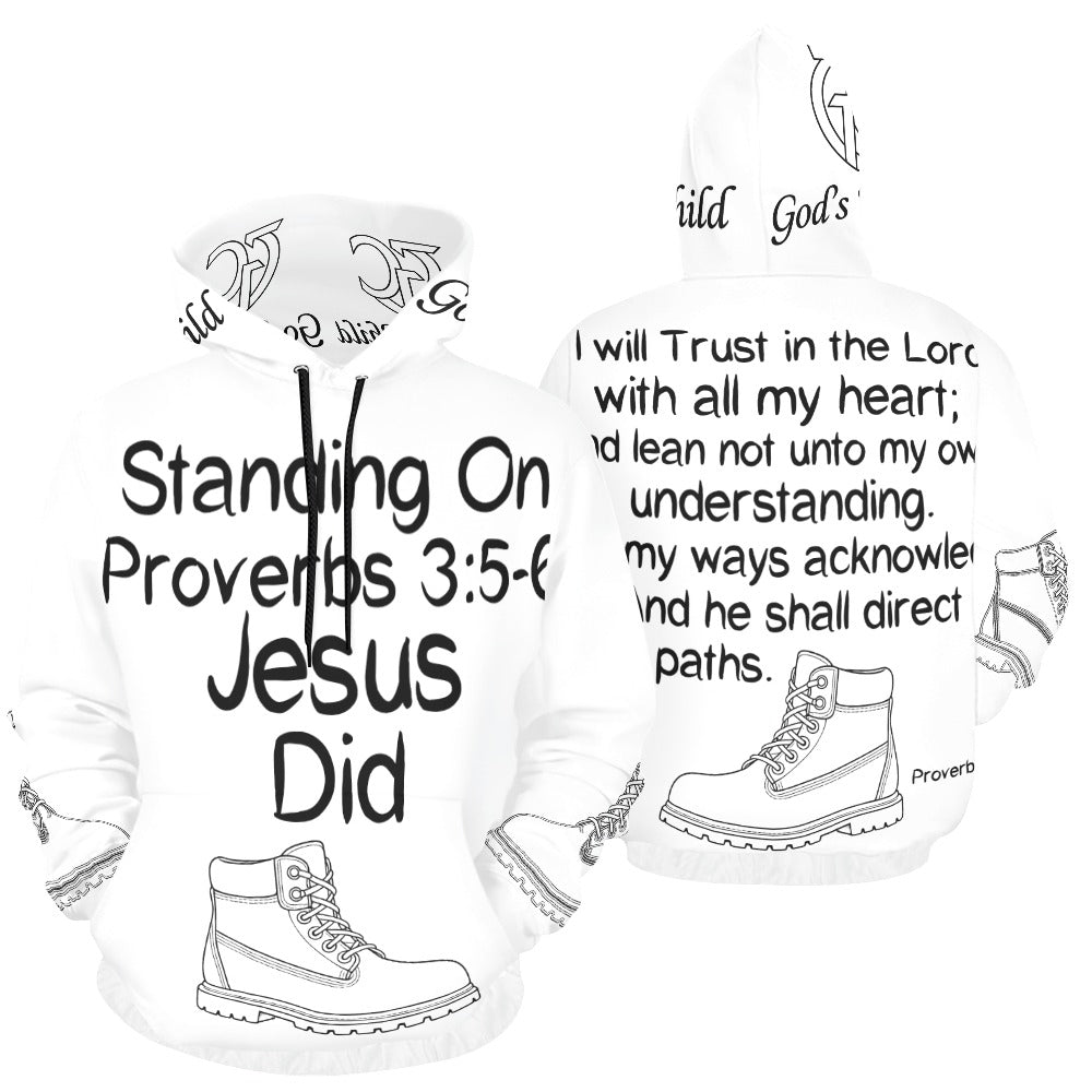 GC Men Standing On The Word Hoodie Proverbs 3:5-6 front view white hoodie black print